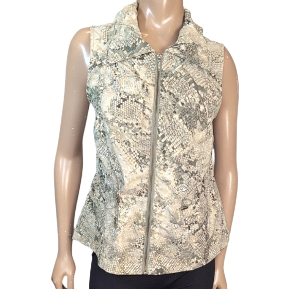 Chicos Zenergy Snakeskin Print Vest Womens Size Medium Metallic Gold Zippered
